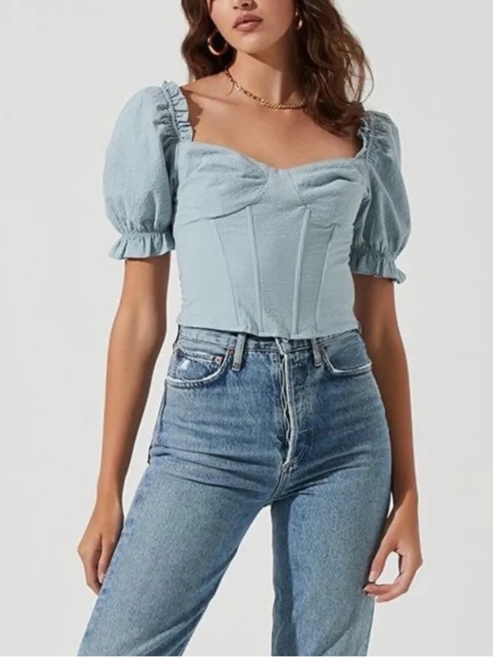 Astr The Label Raya Corset Top Puff Sleeve Crop Dusty Blue Bustier Smocked Back